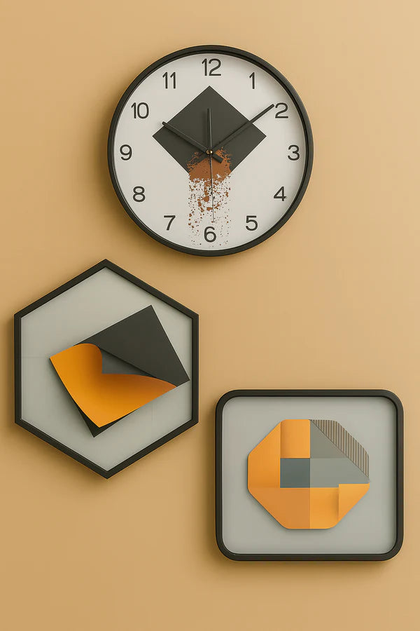 HOME DECOR Modern Geometric Wall Clock and Art Panel Set | 3-Piece Abstract Wall Decor with Silent Round Clock, Hexagon & Square Art in Black – Minimalist Decorative Set for Living Room, Bedroom, Office