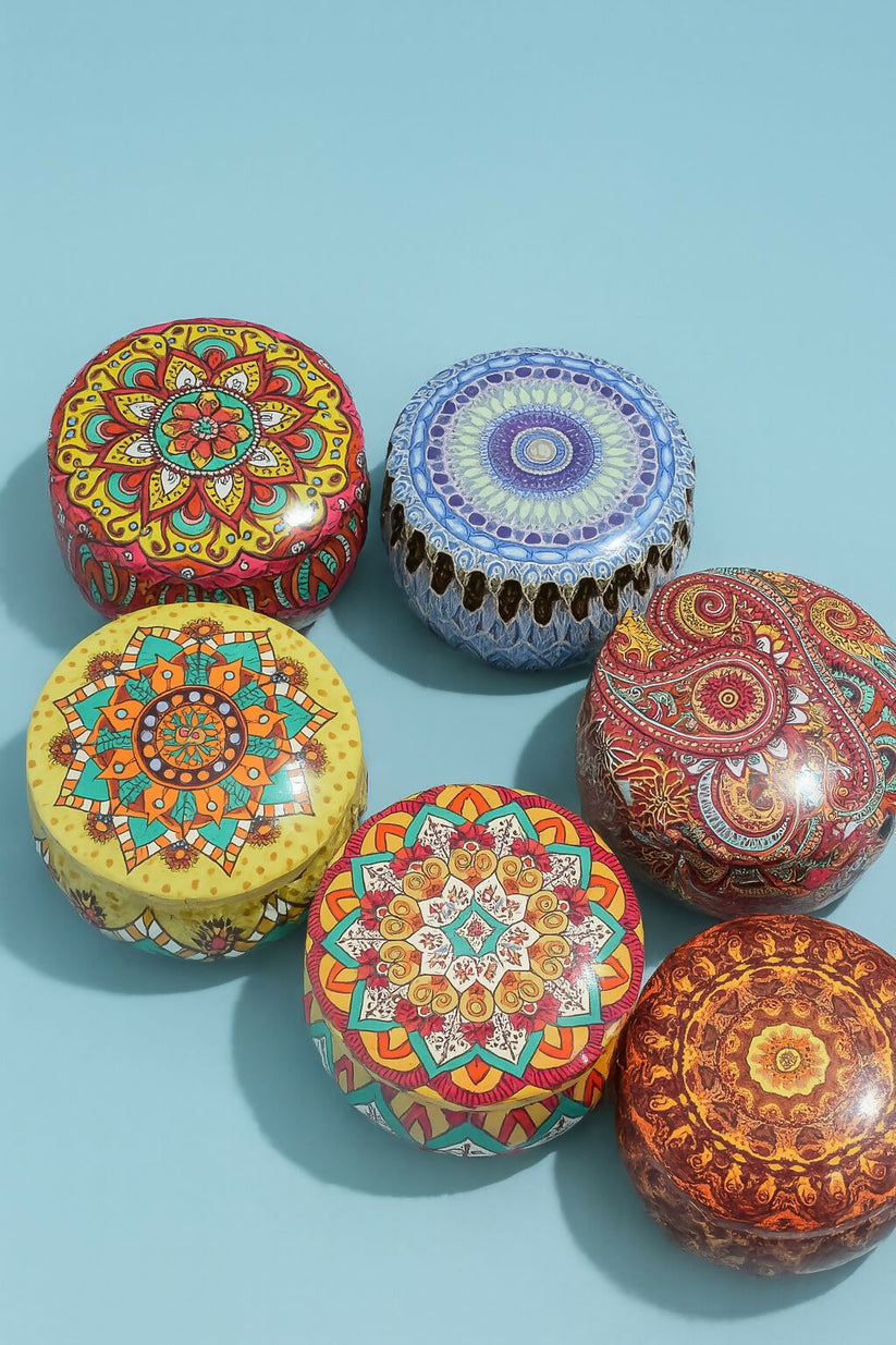 Set of 6 Round Decorative Metal Storage Tins